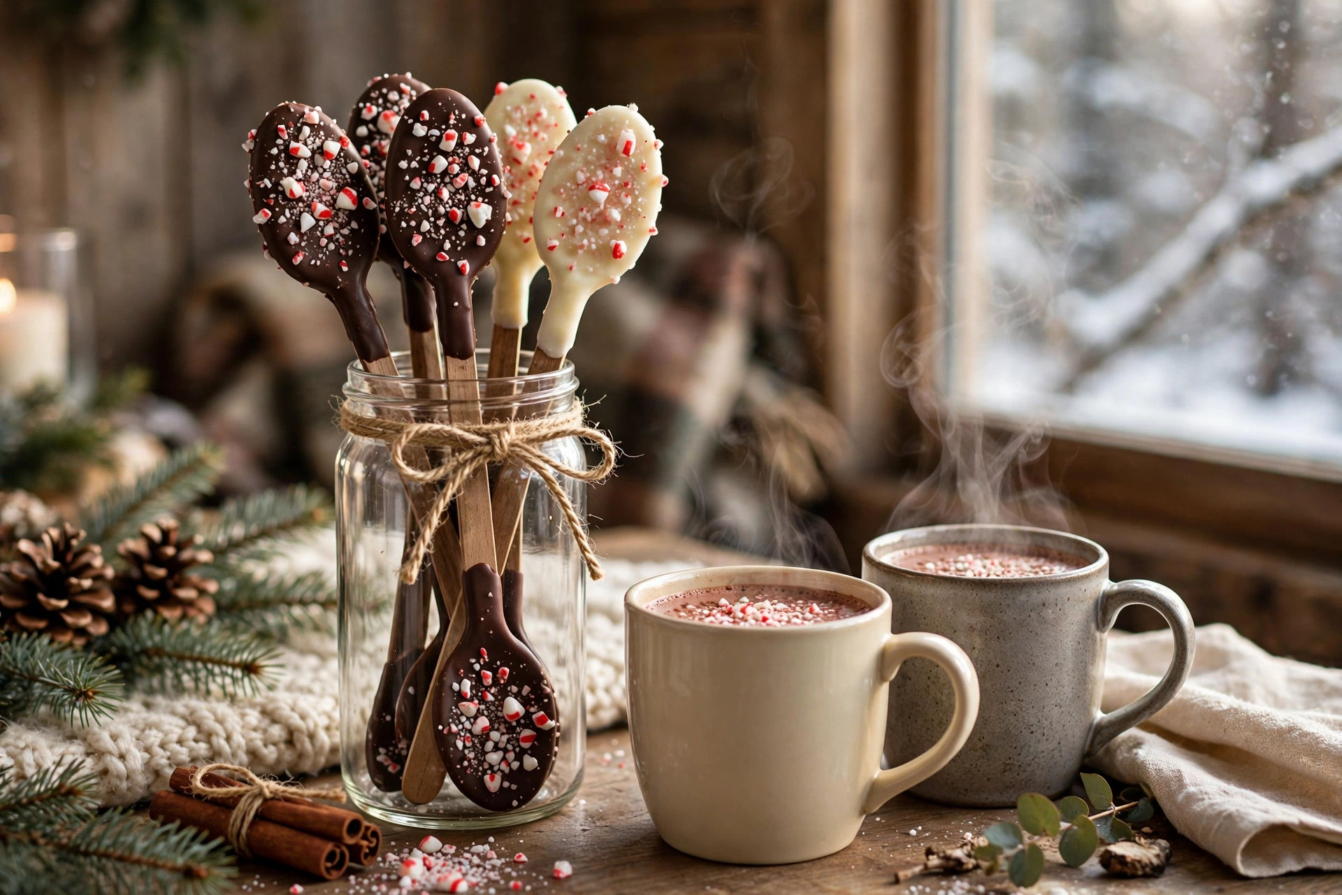 Chocolate-covered stirrer spoons in milk, dark and white chocolate