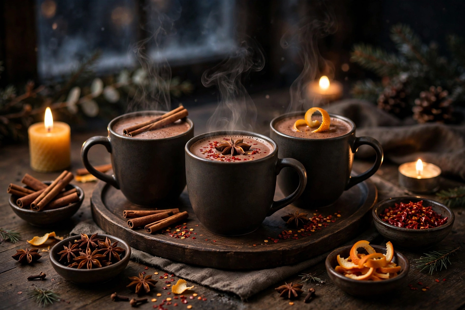 Mugs of spiced hot cocoa with cinnamon sticks on a tray