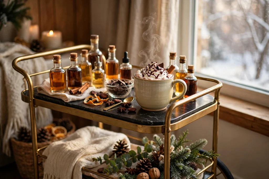 Festive hot cocoa bar with adult liqueur add-ins in labeled bottles