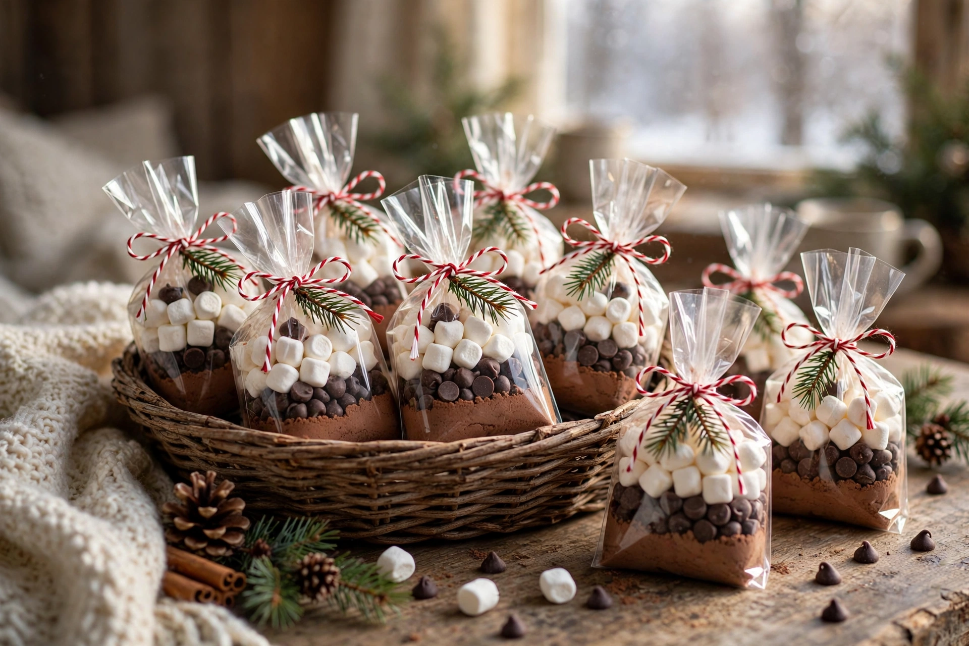 Layered cocoa mix favor bags tied with ribbon
