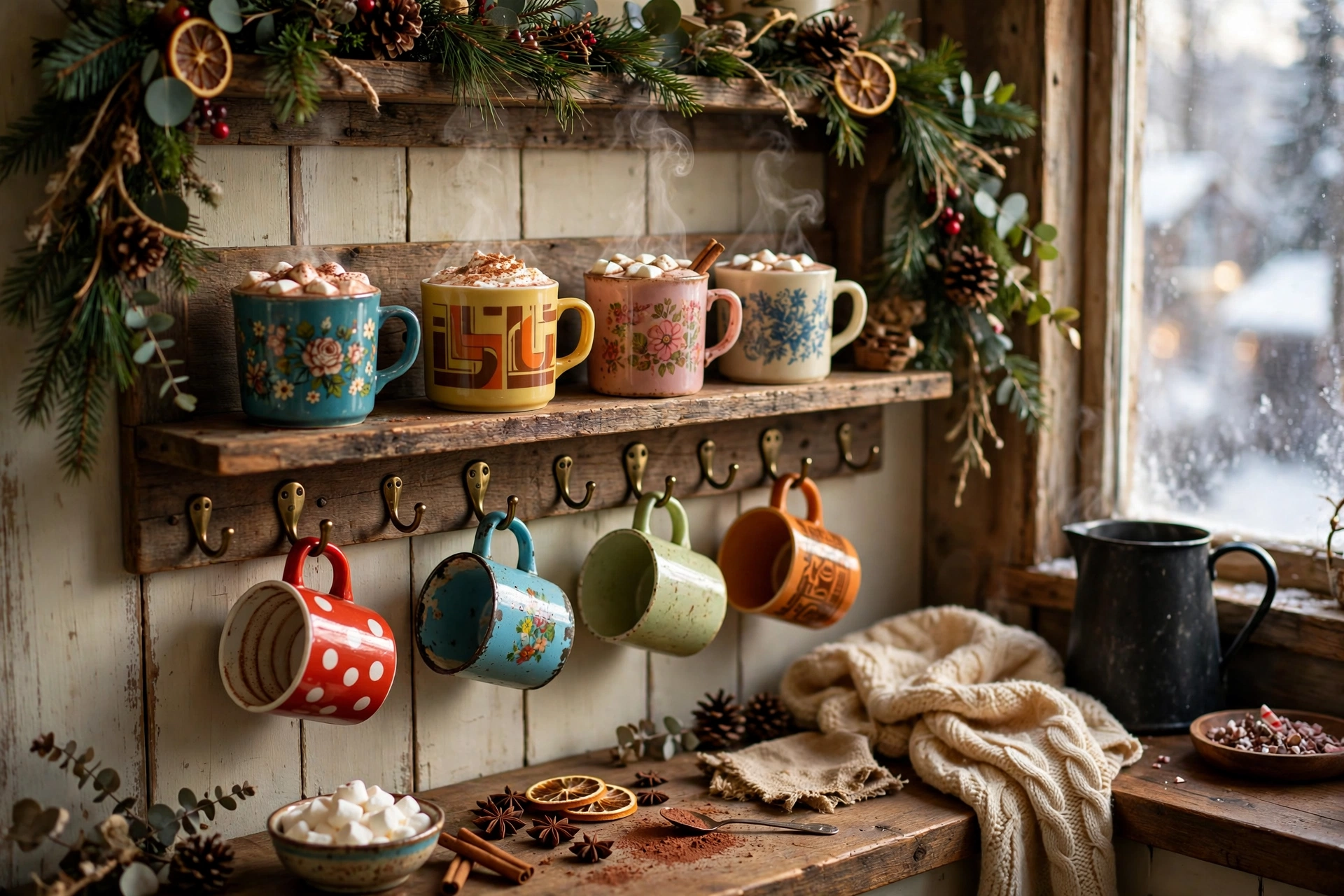 Collection of mismatched vintage mugs for a hot cocoa bar