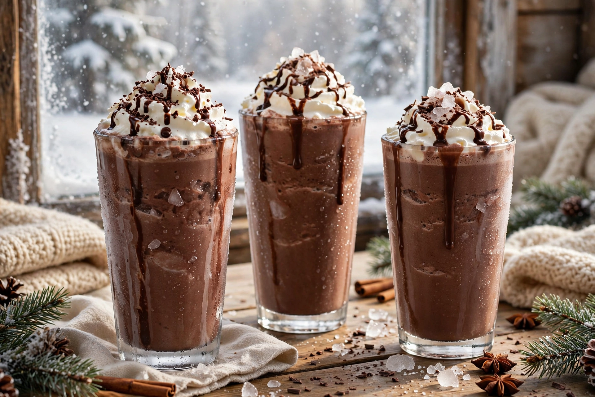 Glasses of frozen hot chocolate topped with whipped cream