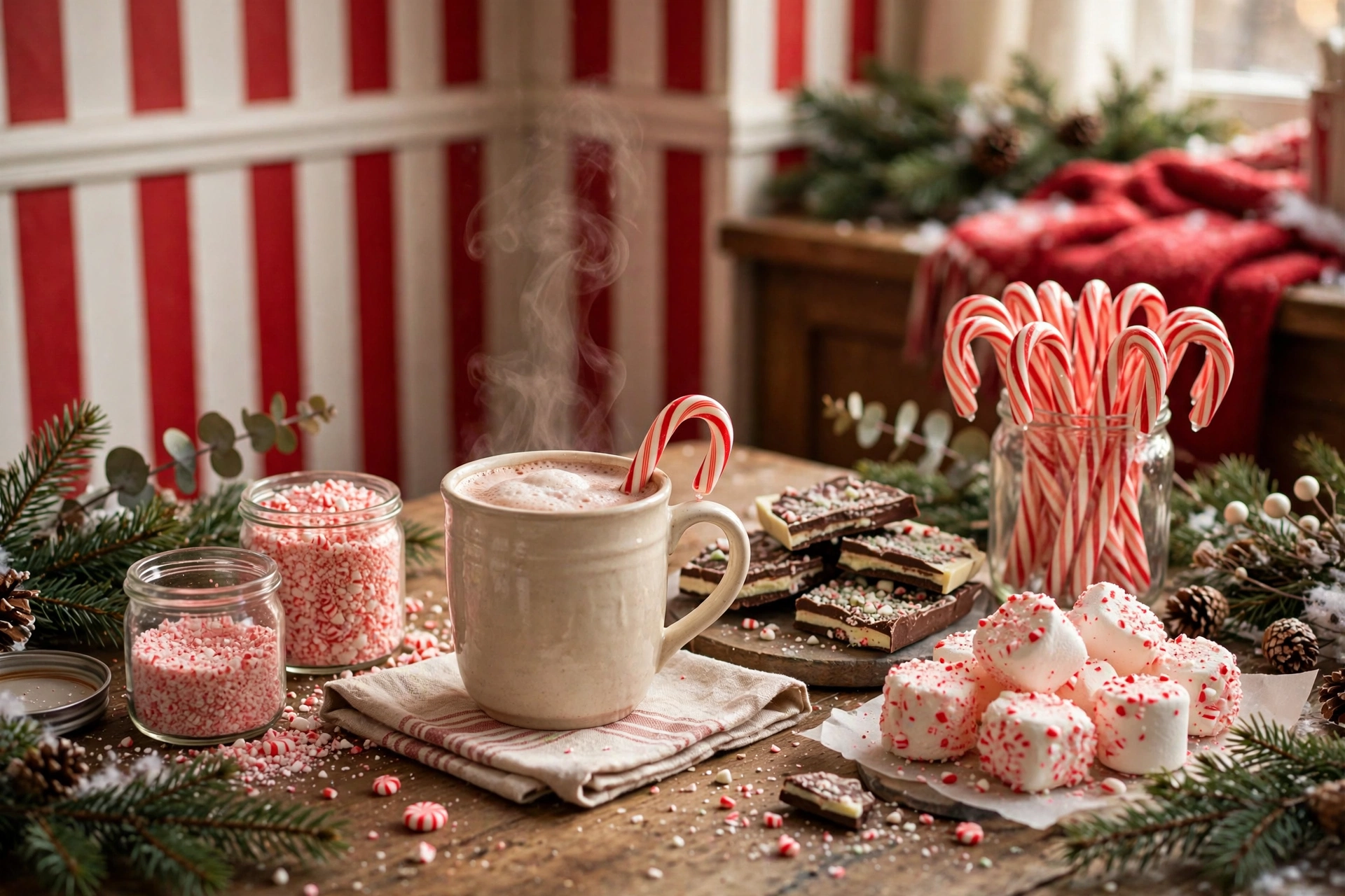 Peppermint-themed hot cocoa corner with candy canes and red decor