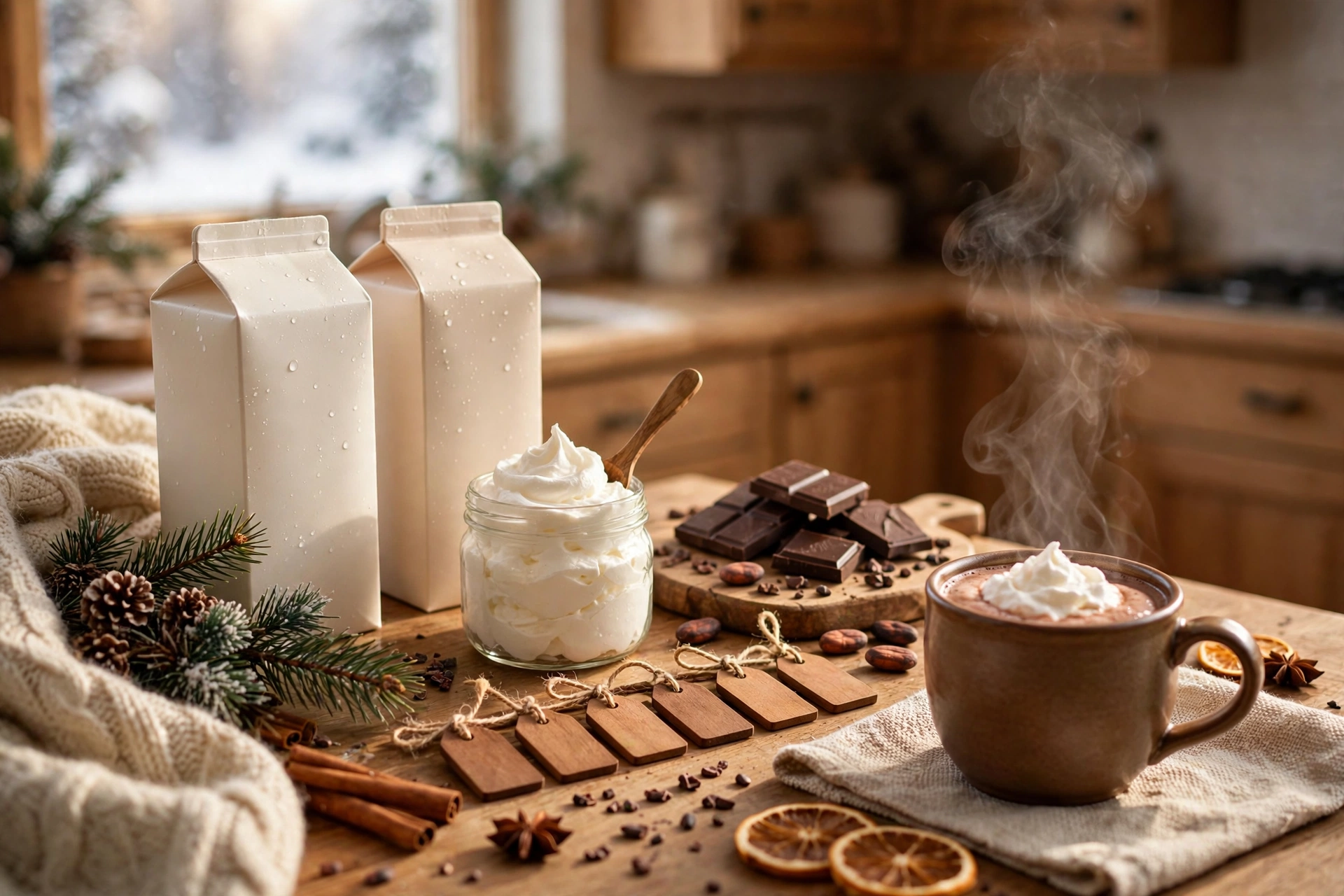 Dairy-free hot cocoa station with oat milk and labeled toppings