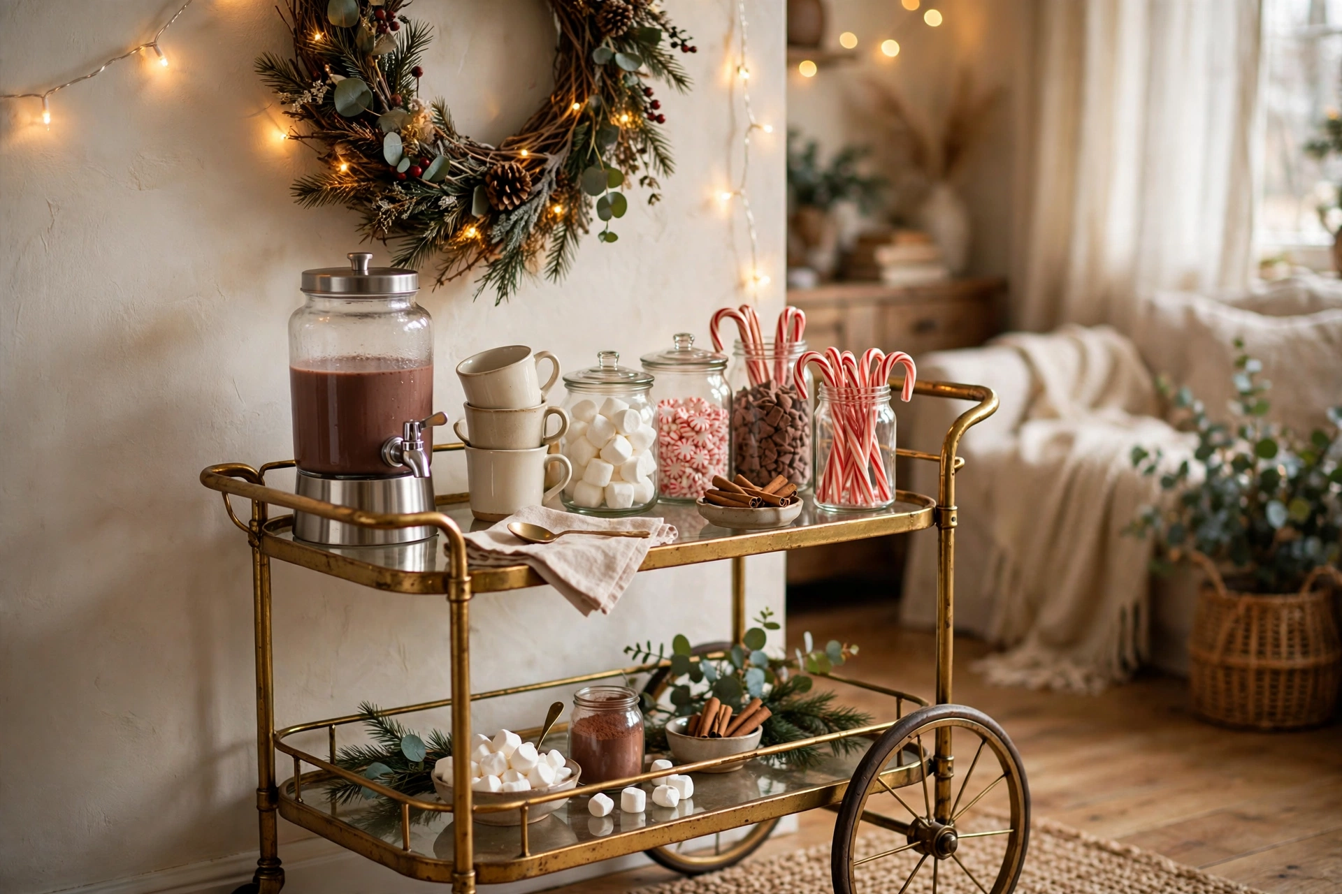 Hot cocoa bar styled on a rolling bar cart with mugs and toppings