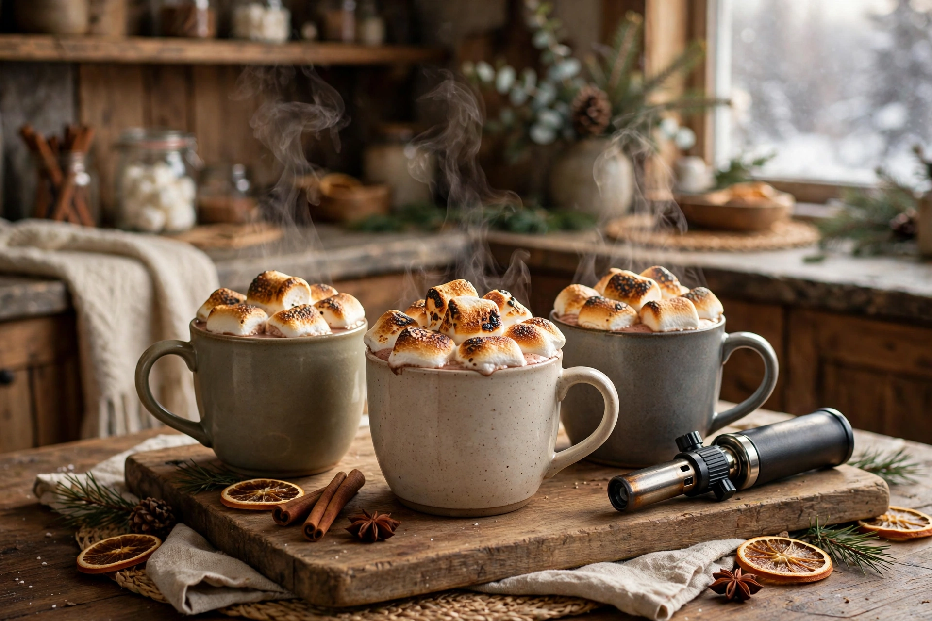 Toasted marshmallows floating on mugs of hot cocoa