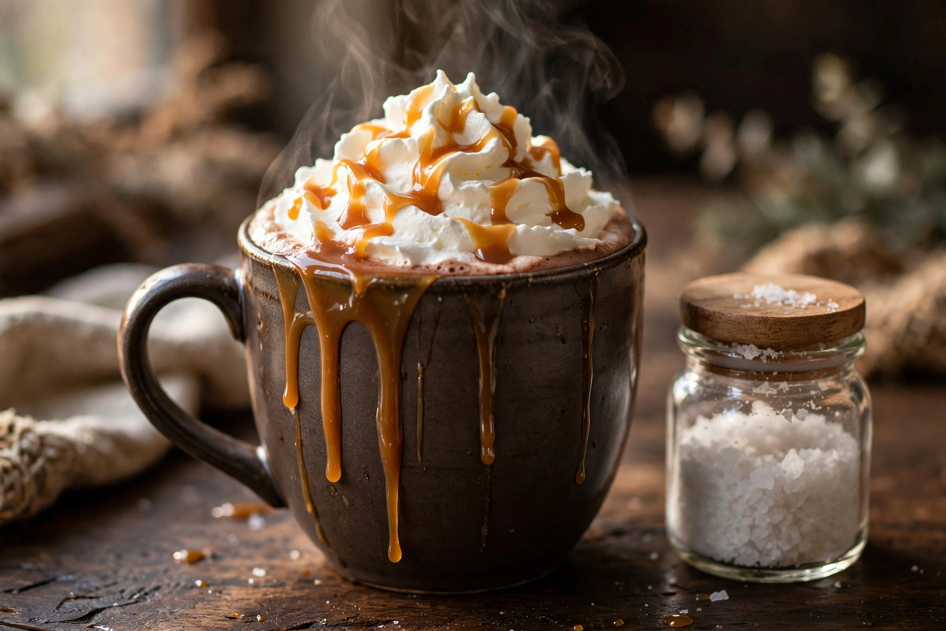 Salted caramel drizzle over whipped cream on hot cocoa