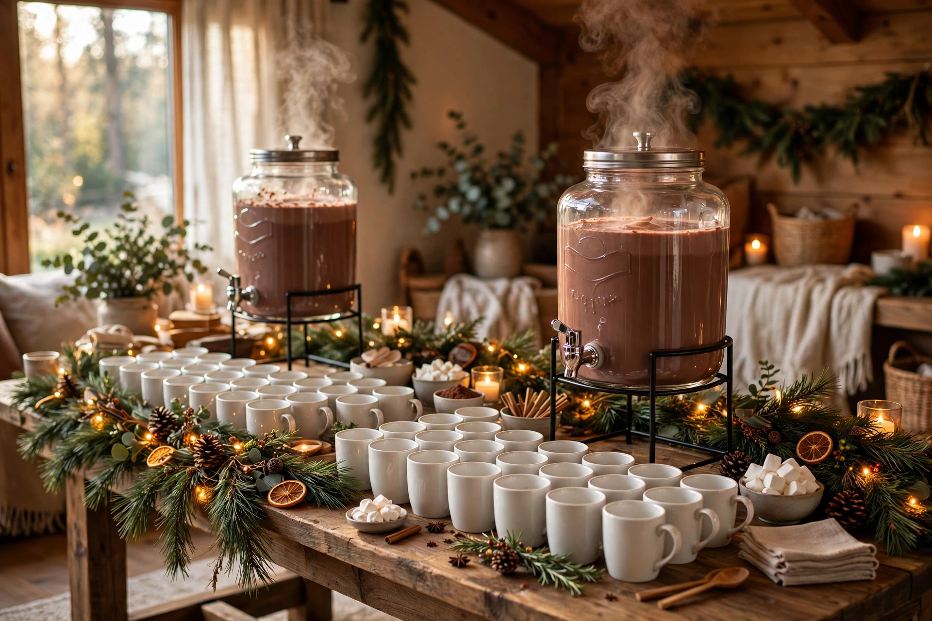 Large drink dispensers serving hot cocoa for a crowd