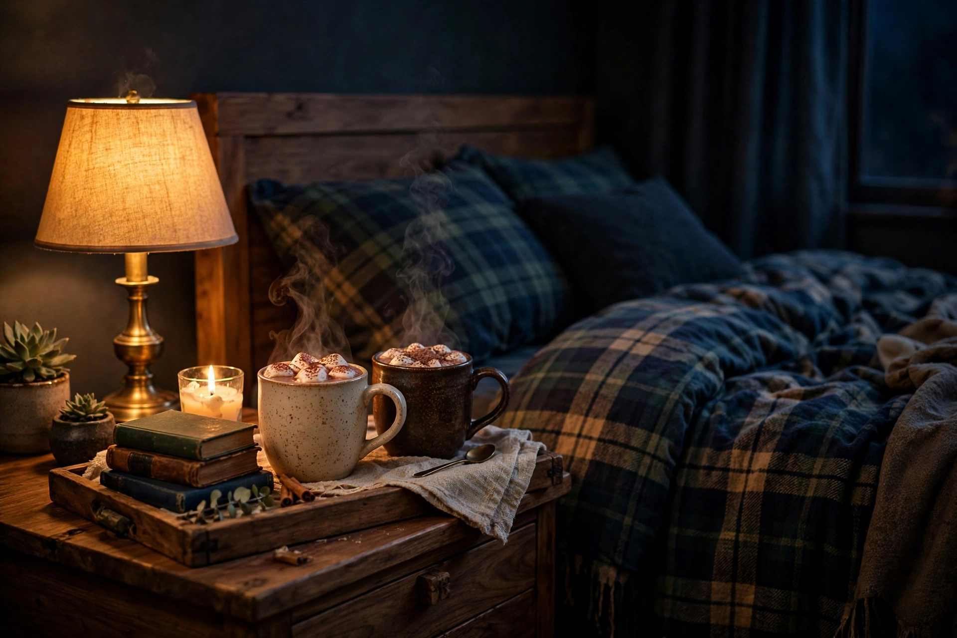 Late-night cocoa tray with two mugs and cookies by the Christmas tree