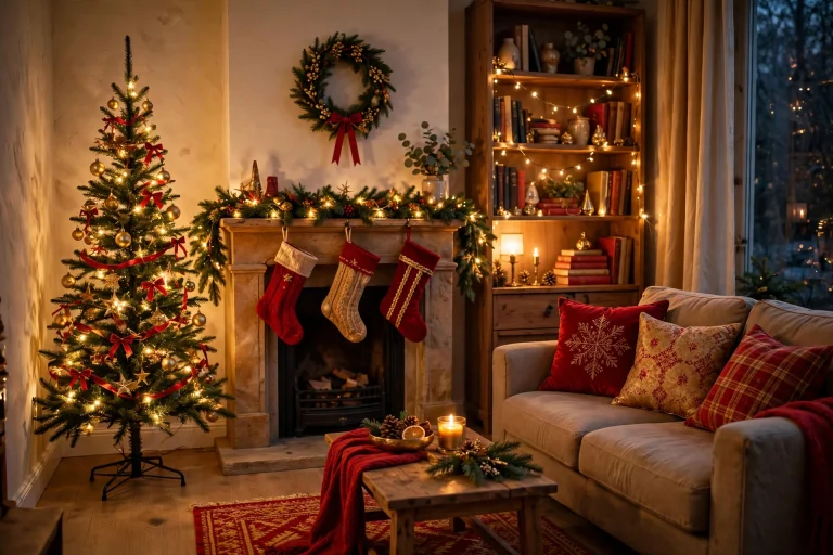 Small living room decorated for Christmas with a pencil tree, garland and cozy festive accents