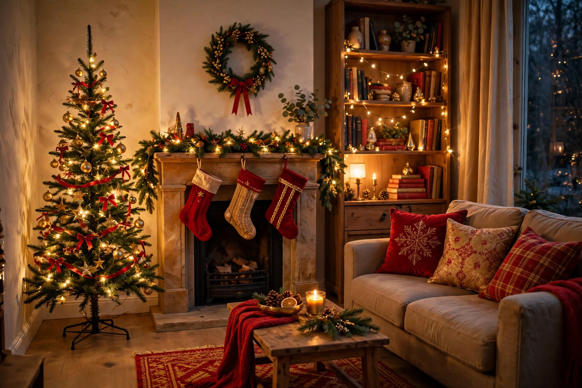 Small living room decorated for Christmas with a pencil tree, garland and cozy festive accents