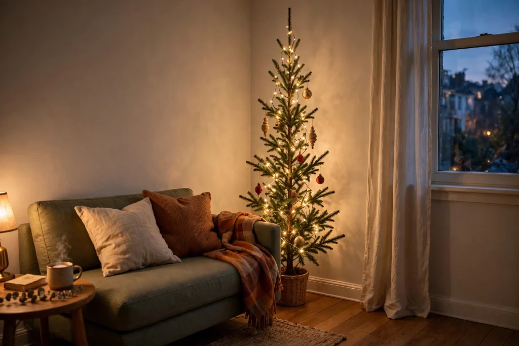 Slim pencil Christmas tree decorated in a small living room corner
