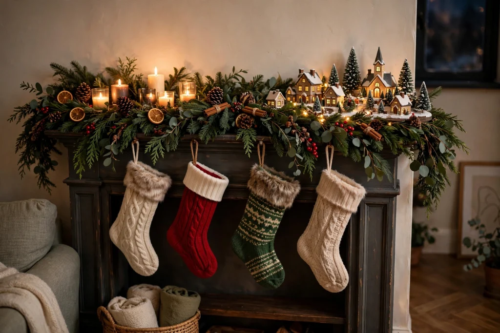 Christmas mantel decorated with garland, stockings and candles