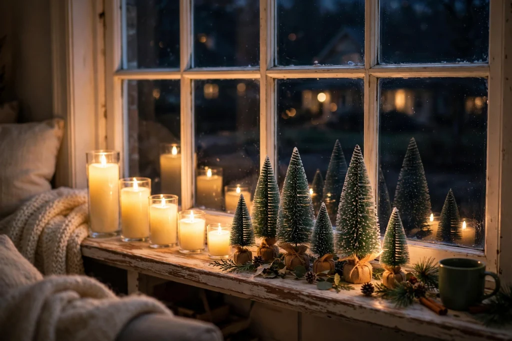 Windowsill lined with glowing battery candles and mini bottle-brush trees