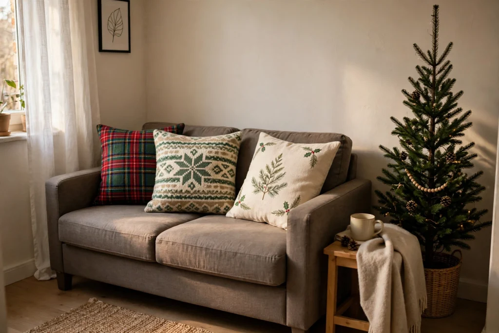 Sofa with Christmas throw pillow covers in plaid and fair-isle patterns