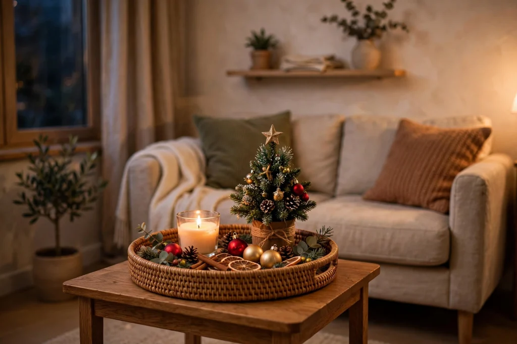 Christmas tray vignette with candle, small tree and ornaments on coffee table