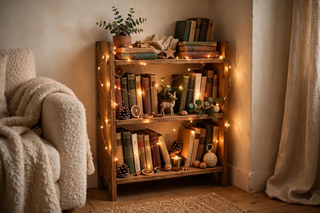 Bookshelf shelves woven with warm fairy lights around books and objects