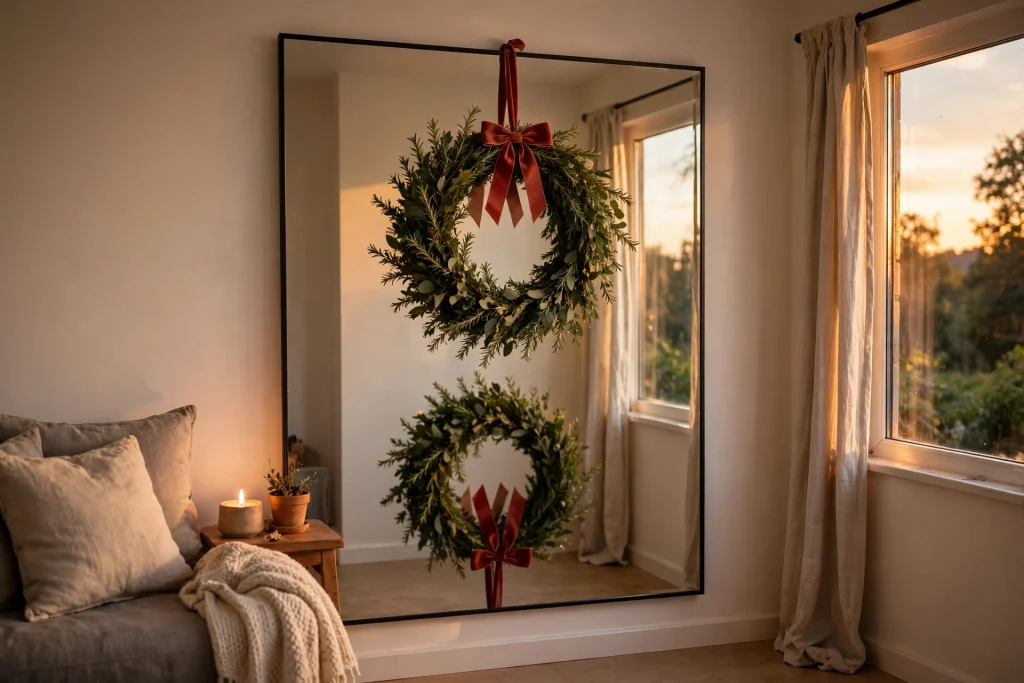 Christmas wreath with red bow hanging on a living room mirror