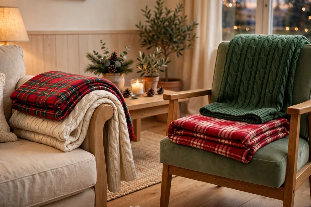 Christmas throw blankets draped over sofa arm and accent chair