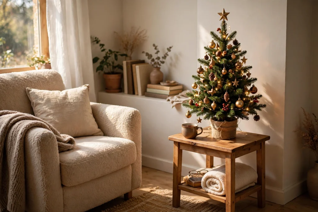 Small 2-foot Christmas tree on a side table beside an armchair