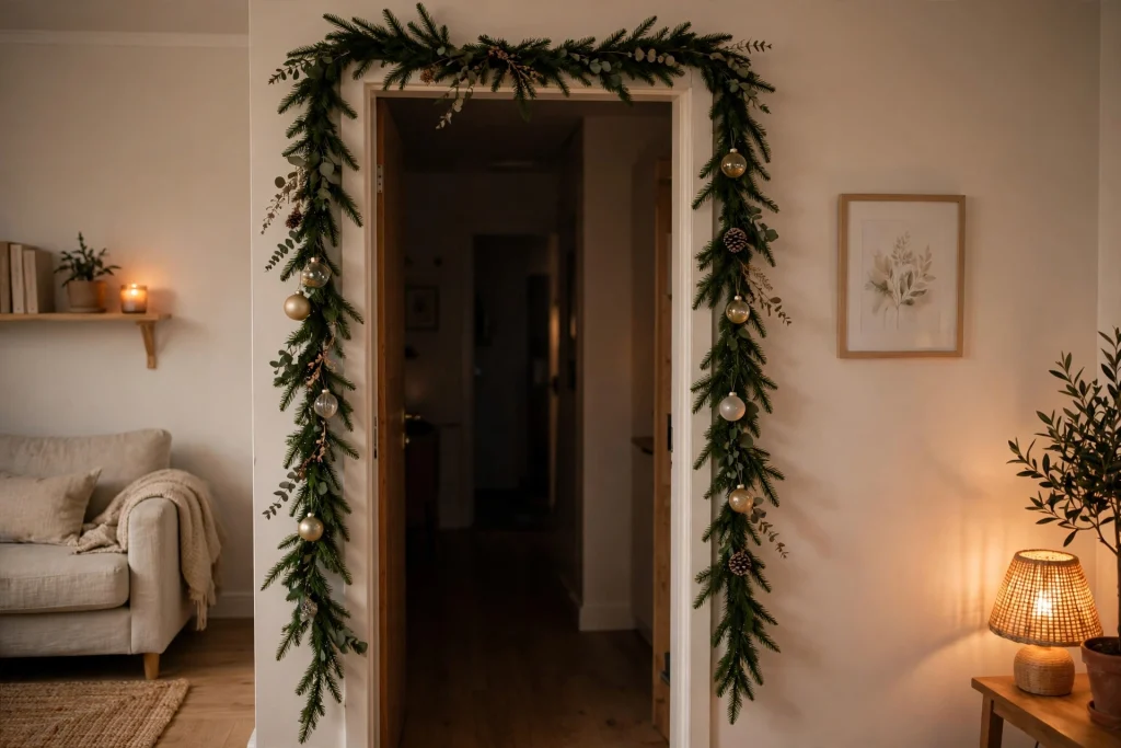 Slim Christmas garland draped over a living room doorway