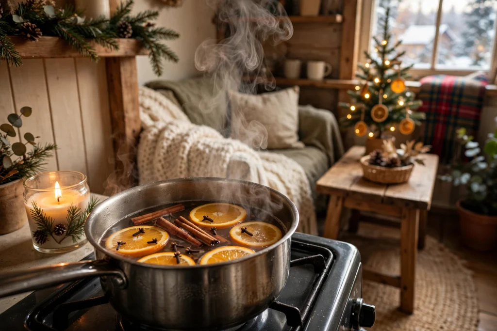 Simmering pot of cinnamon and orange for Christmas scent