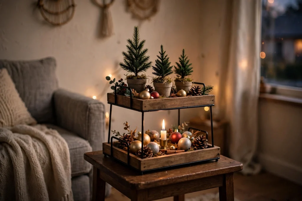 Two-tiered tray Christmas display with mini trees, ornaments and candle