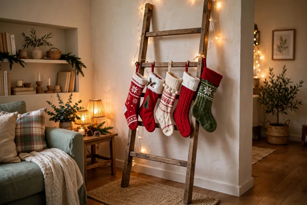 Christmas stockings hung on a wall-mounted rail without a fireplace
