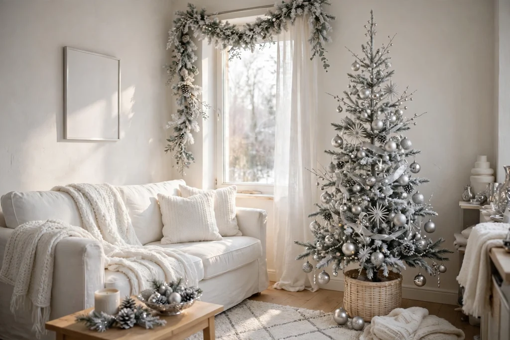 Small living room Christmas decor in a single red and gold palette
