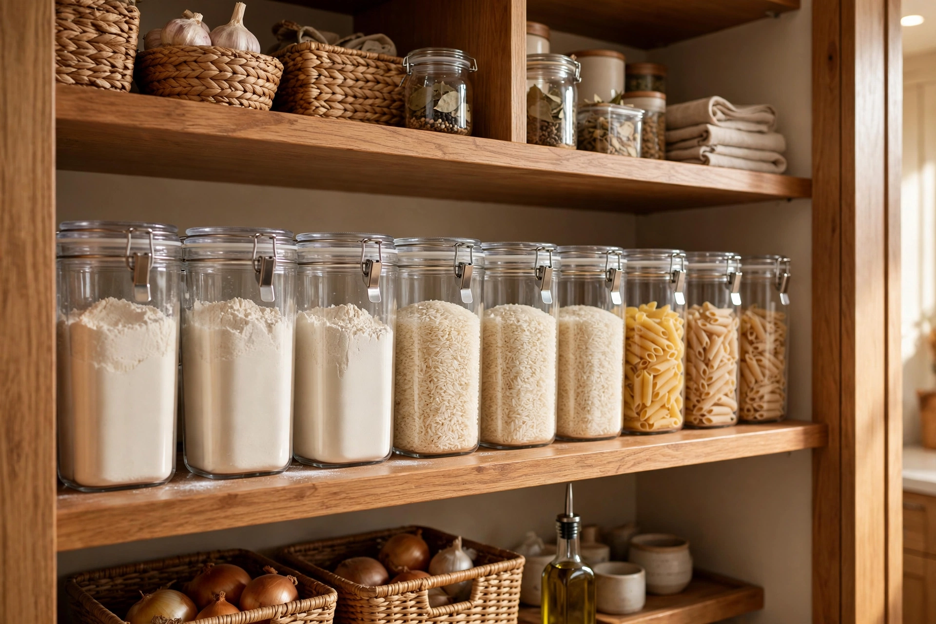 Clear airtight containers of flour, rice and pasta on deep pantry shelves
