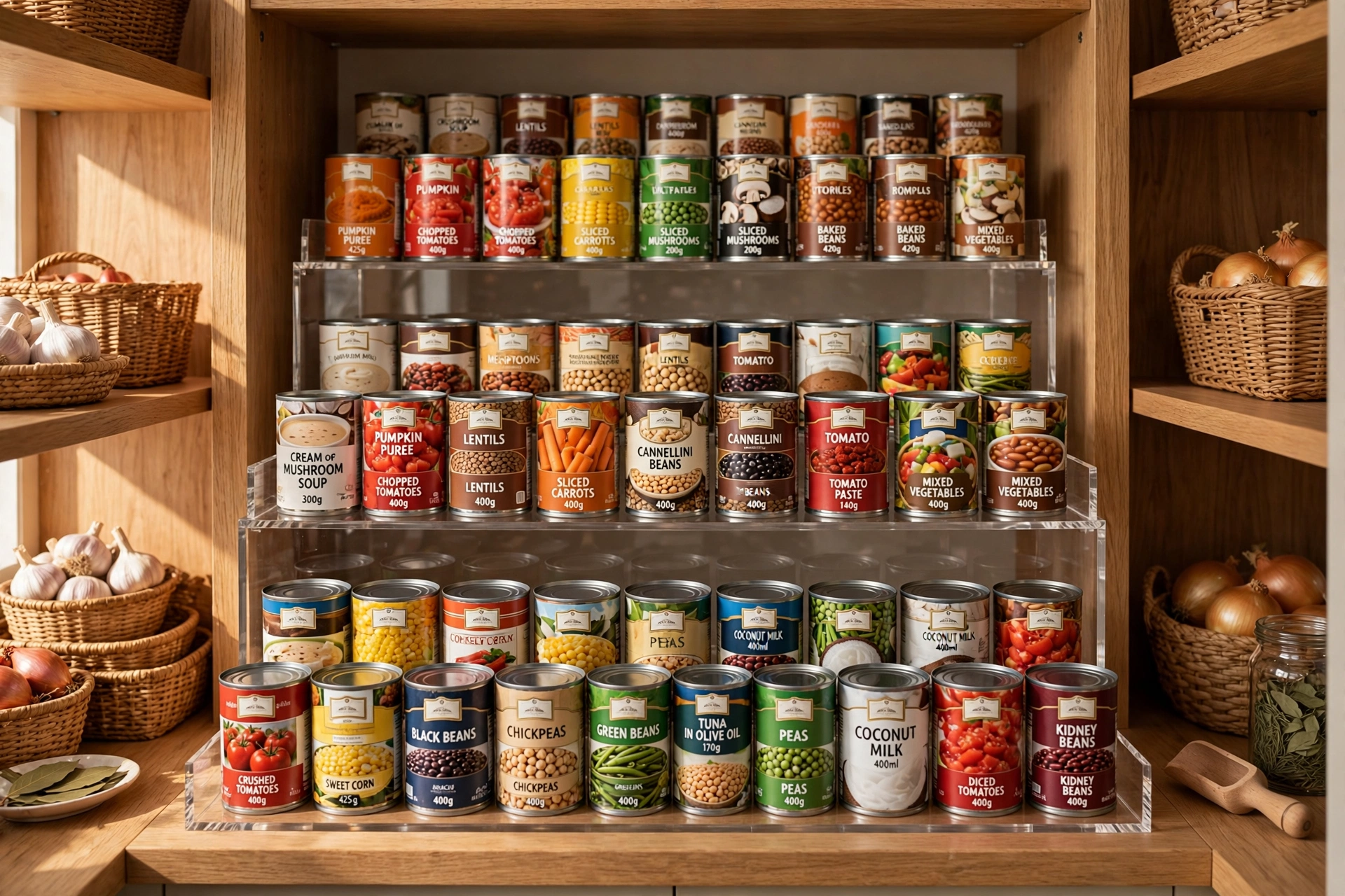 Tiered risers holding canned goods like stadium seating on a pantry shelf