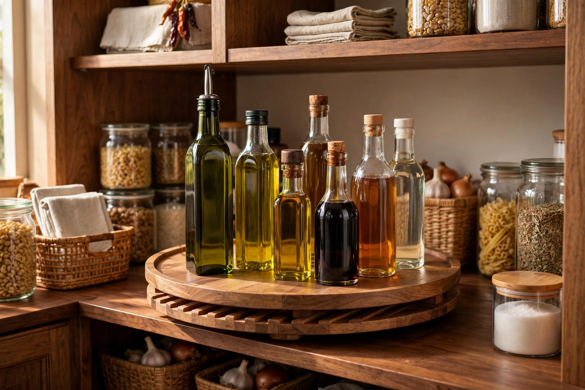 Lazy Susan turntable with oils and vinegars on a deep pantry shelf
