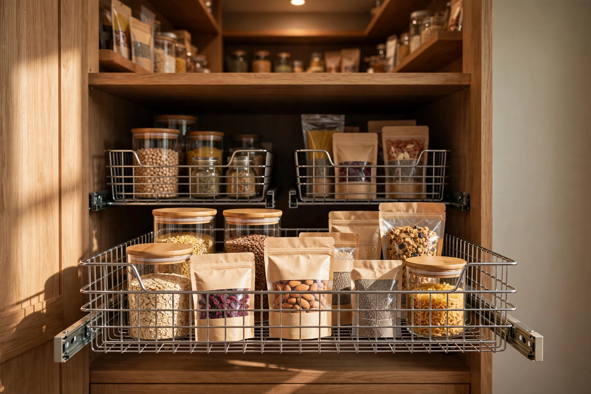 Pull-out wire baskets sliding from a deep pantry shelf