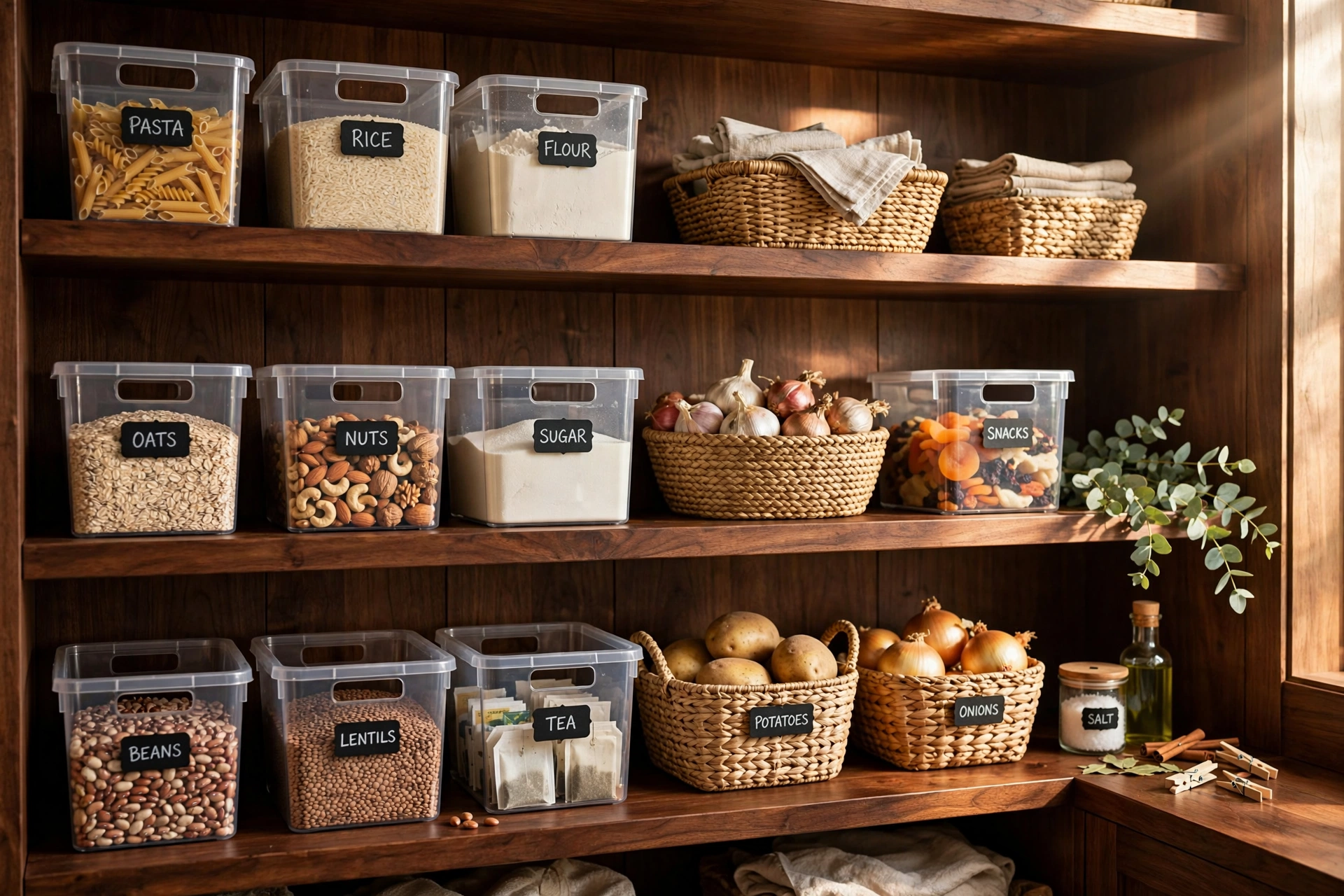 Pantry bins with reusable chalk labels