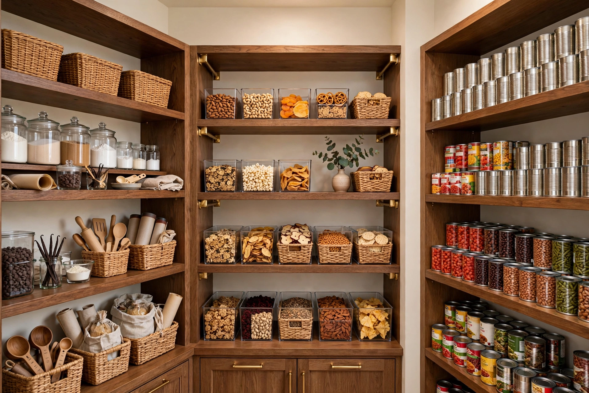 Pantry storage zones grouped by category in labeled bins