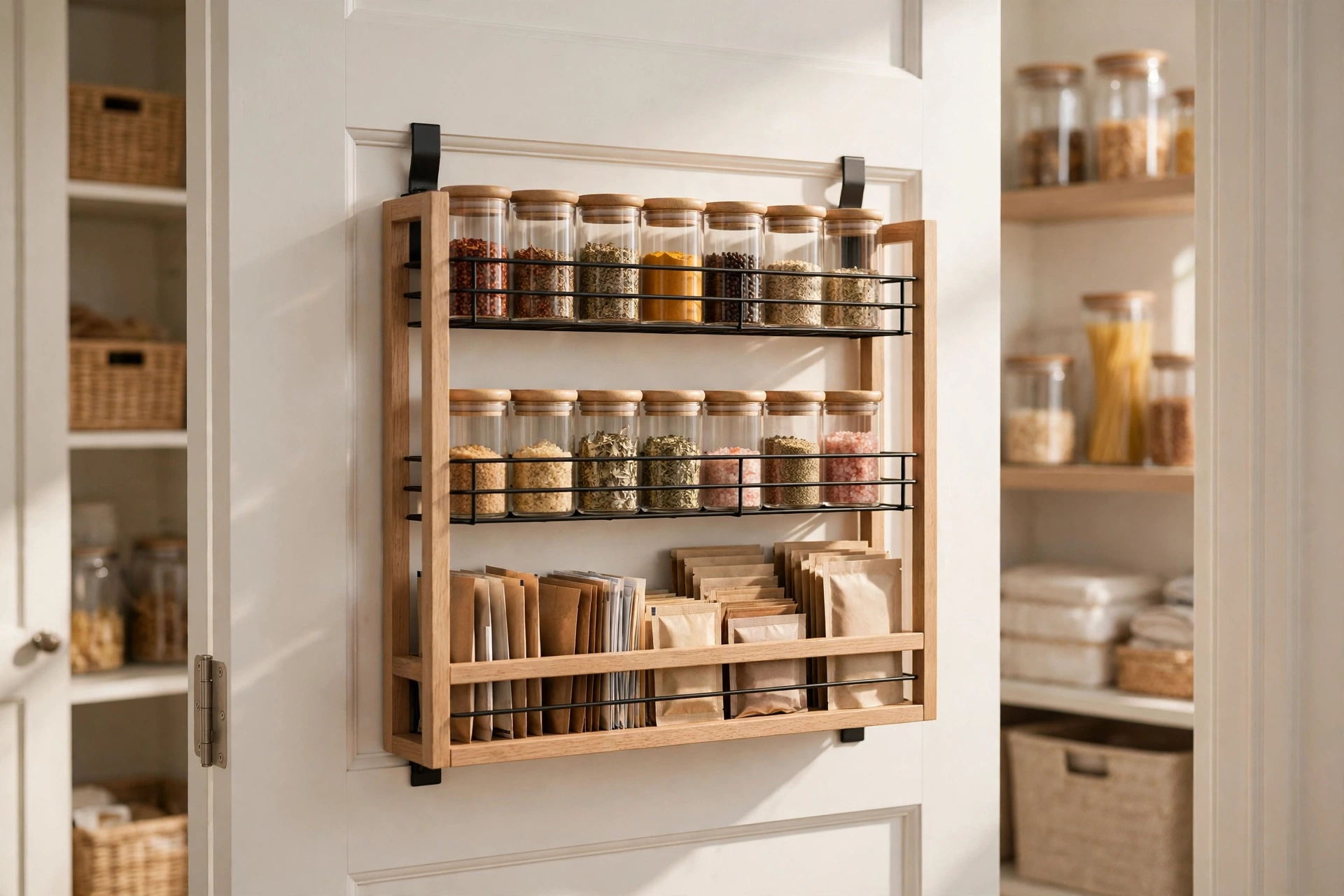 Door-mounted shallow rack holding spices and packets inside a pantry