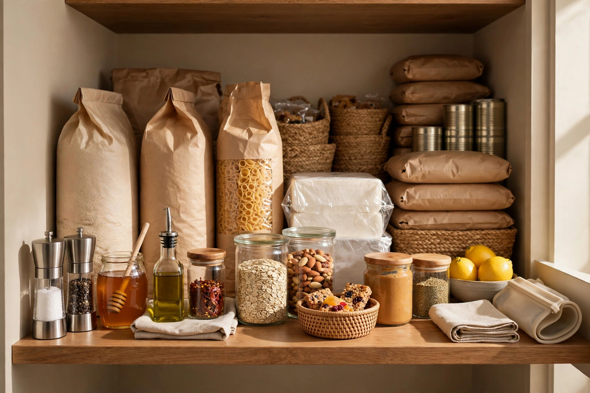 Bulk backstock at the back of deep pantry shelves with daily items in front