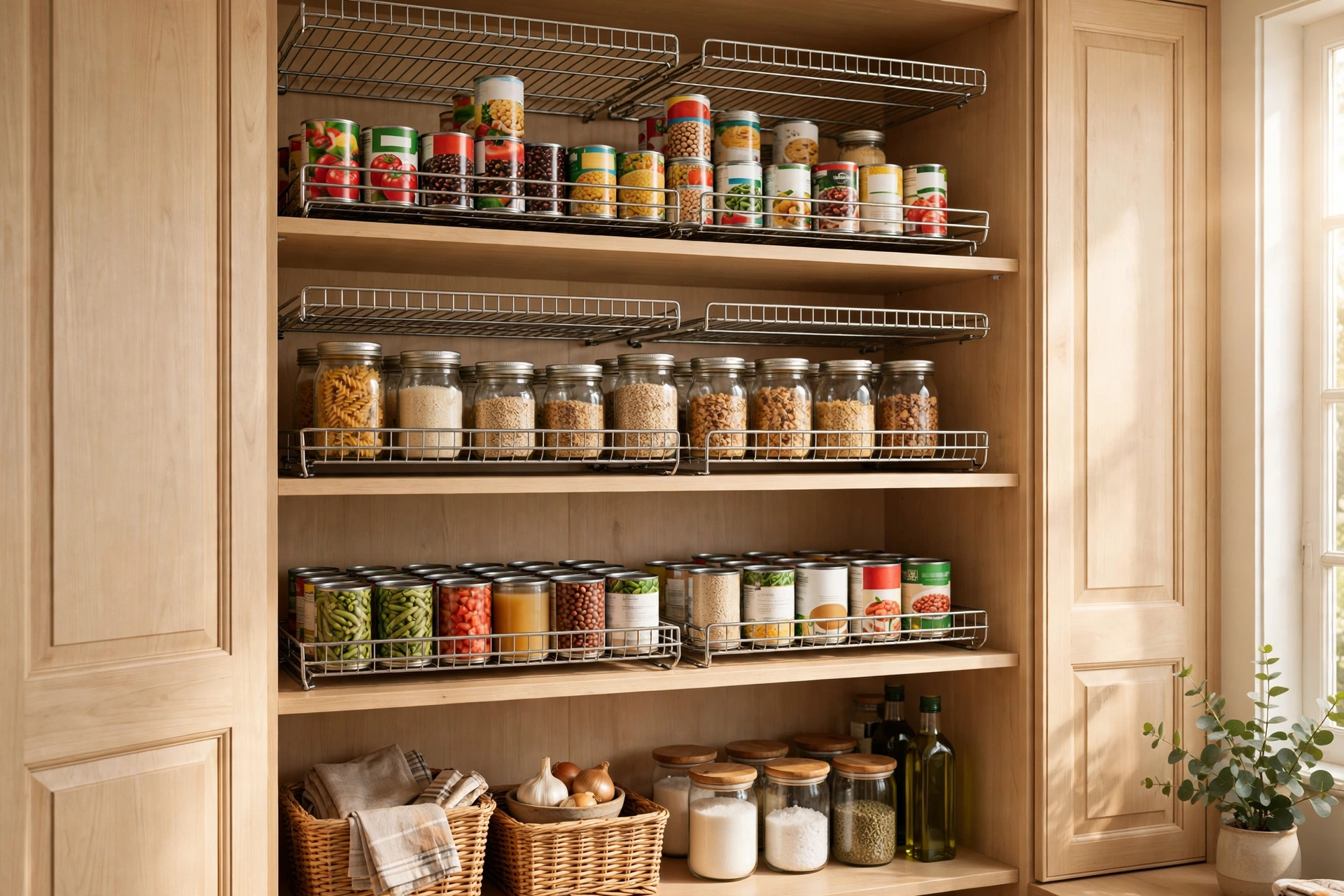 Stackable wire shelf inserts adding an extra level in a pantry