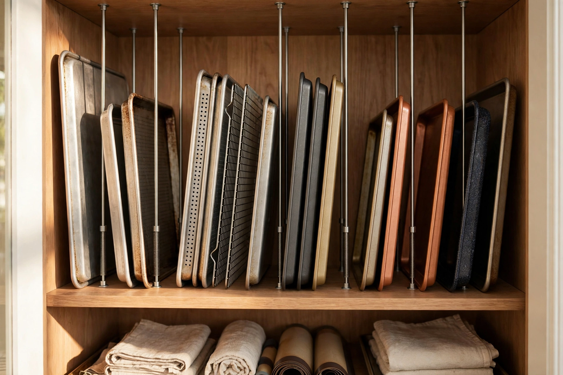 Tension rods dividing upright baking sheets on a deep pantry shelf