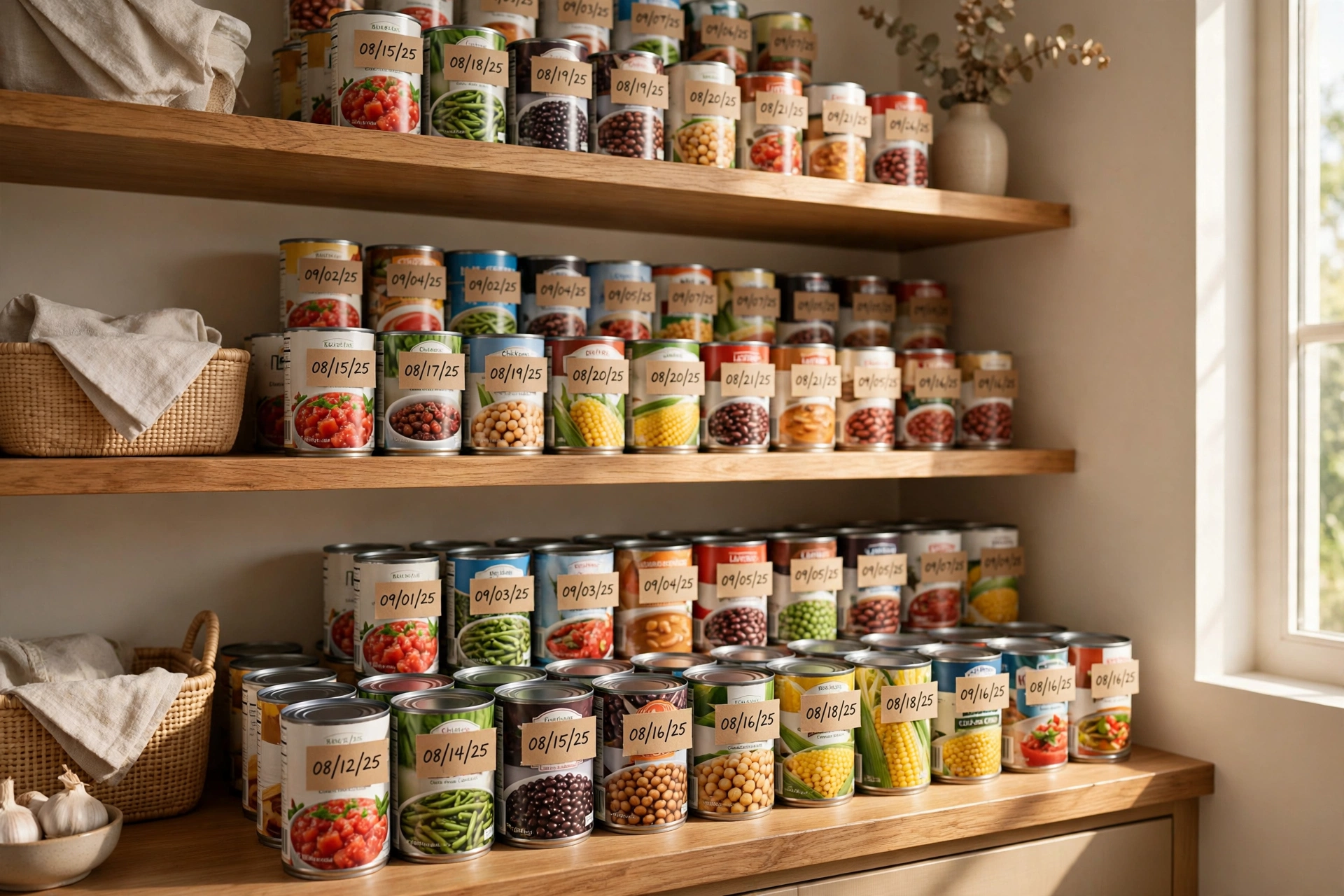 Canned goods arranged first-in-first-out with dates marked on lids