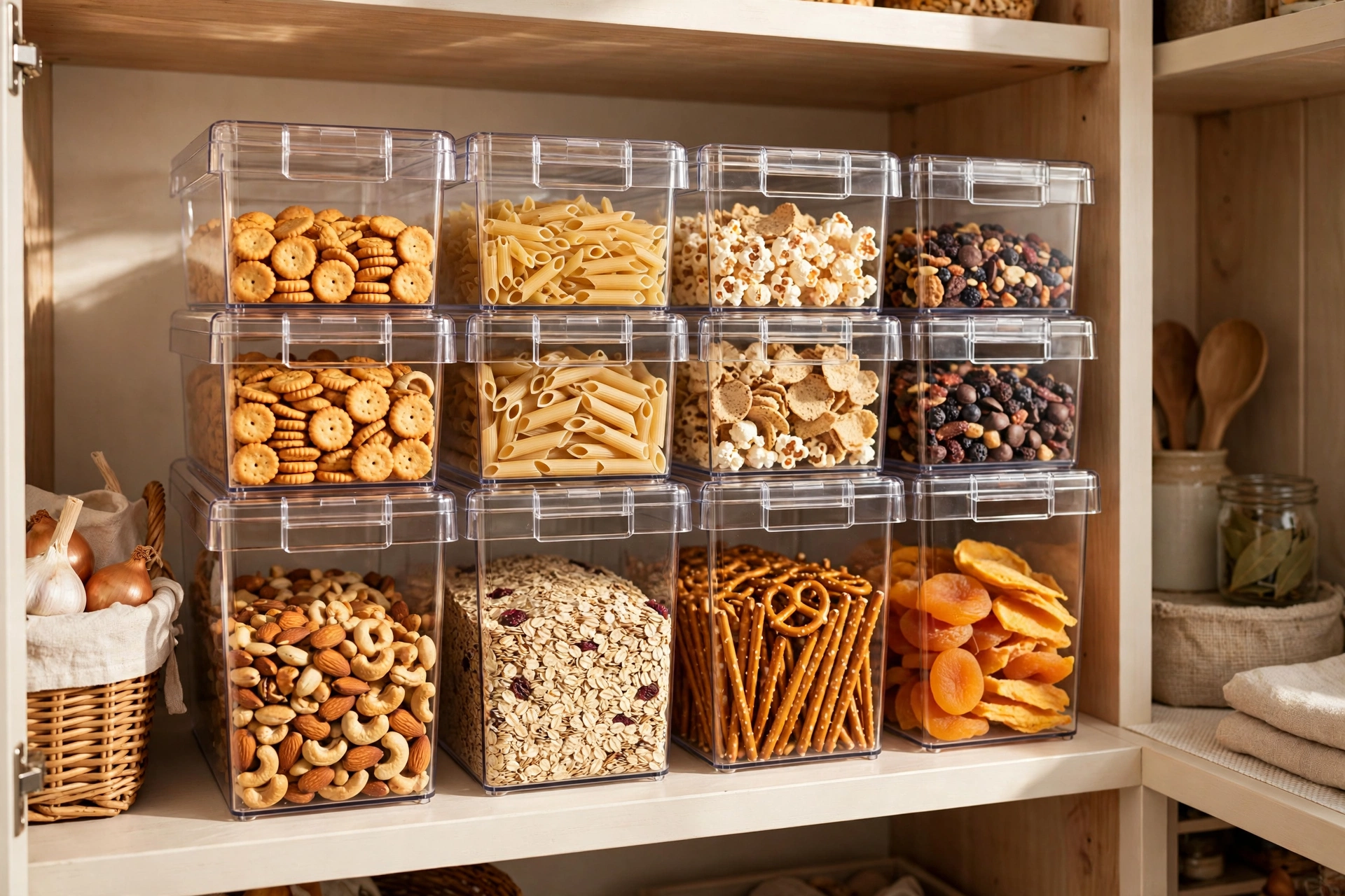 Stackable clear storage bins on a deep pantry shelf