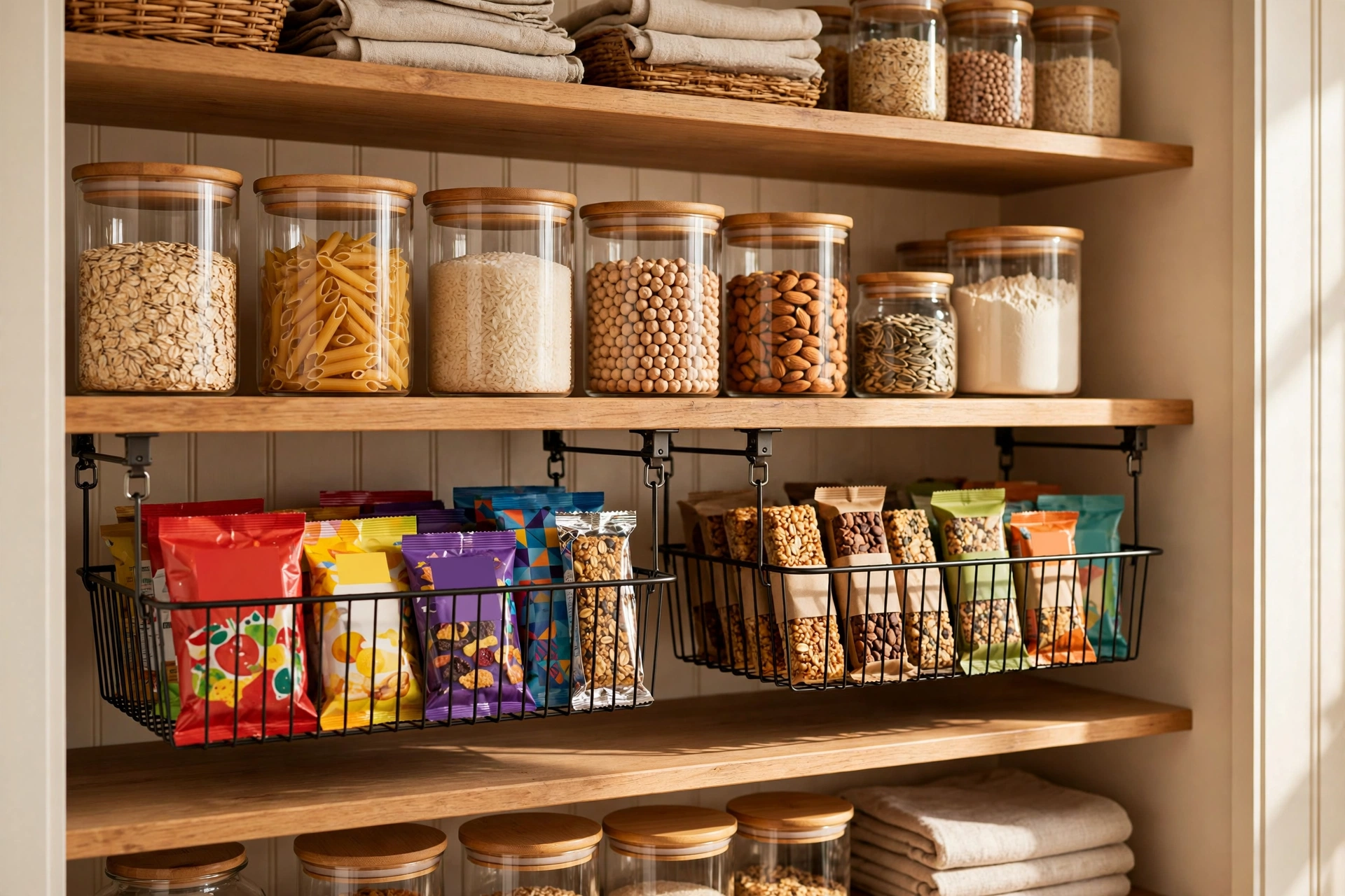 Clip-on under-shelf wire baskets holding snack packets