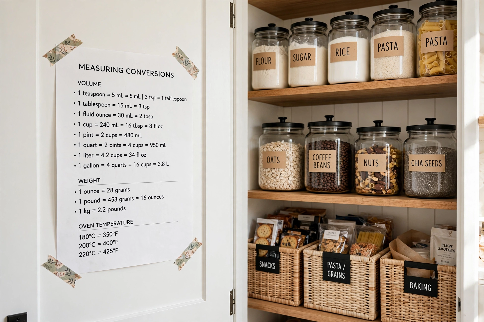 Measuring conversions chart taped inside a pantry door