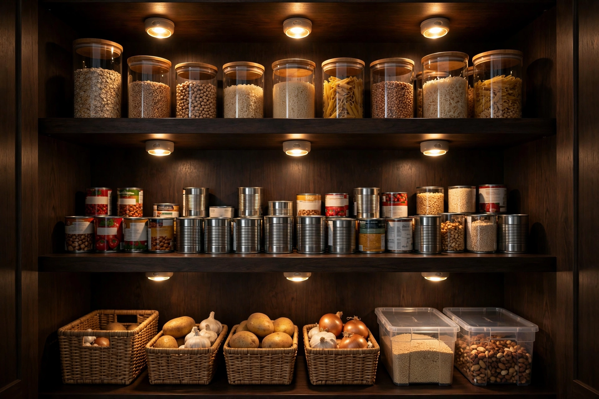 Motion-sensor puck lights illuminating dark deep pantry shelves