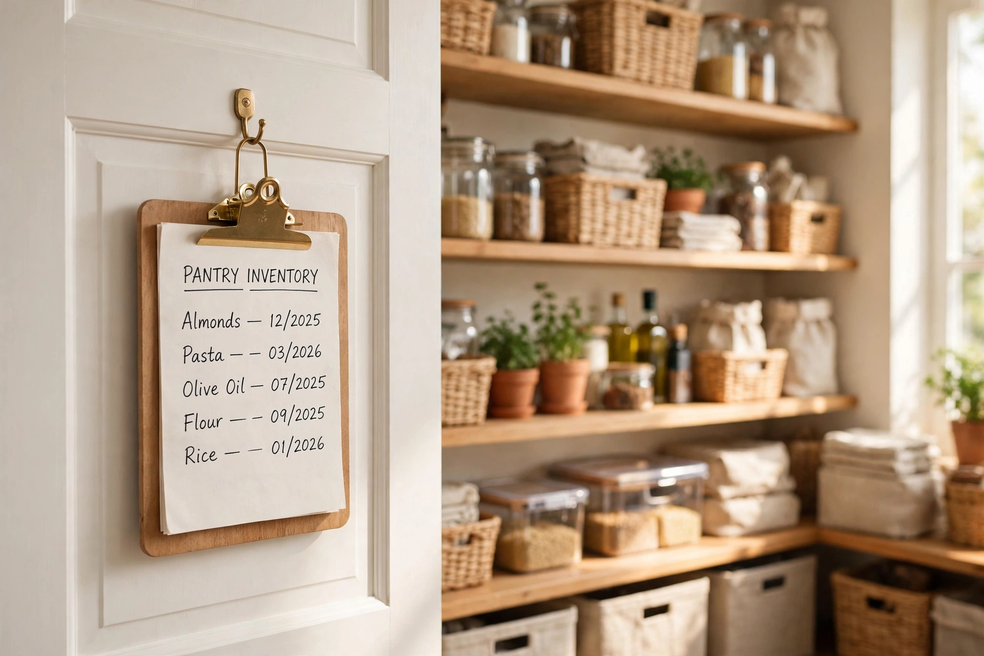 Clipboard inventory list with expiry dates hanging on a pantry door