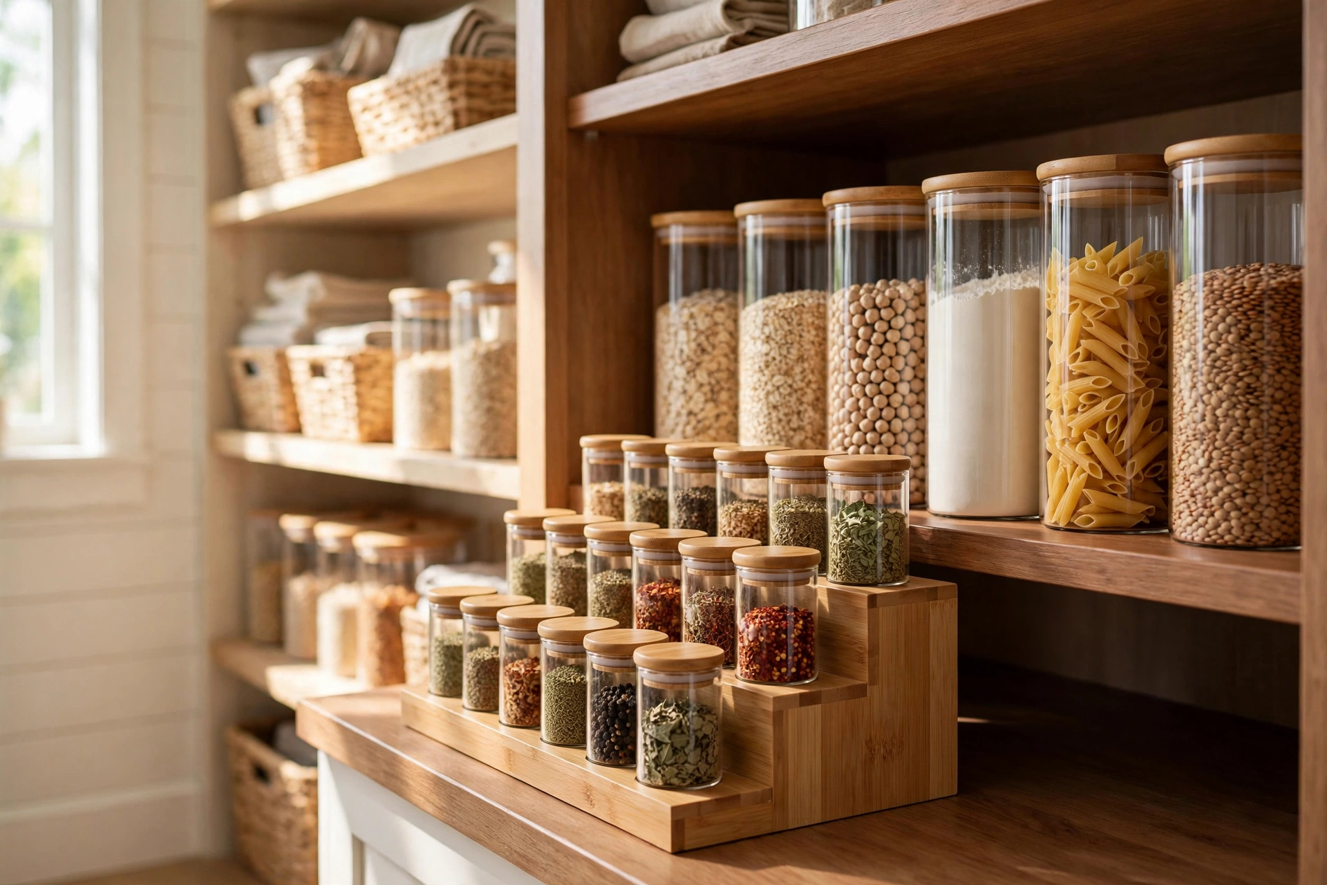 Small stepped riser holding spices at the front of a deep pantry shelf