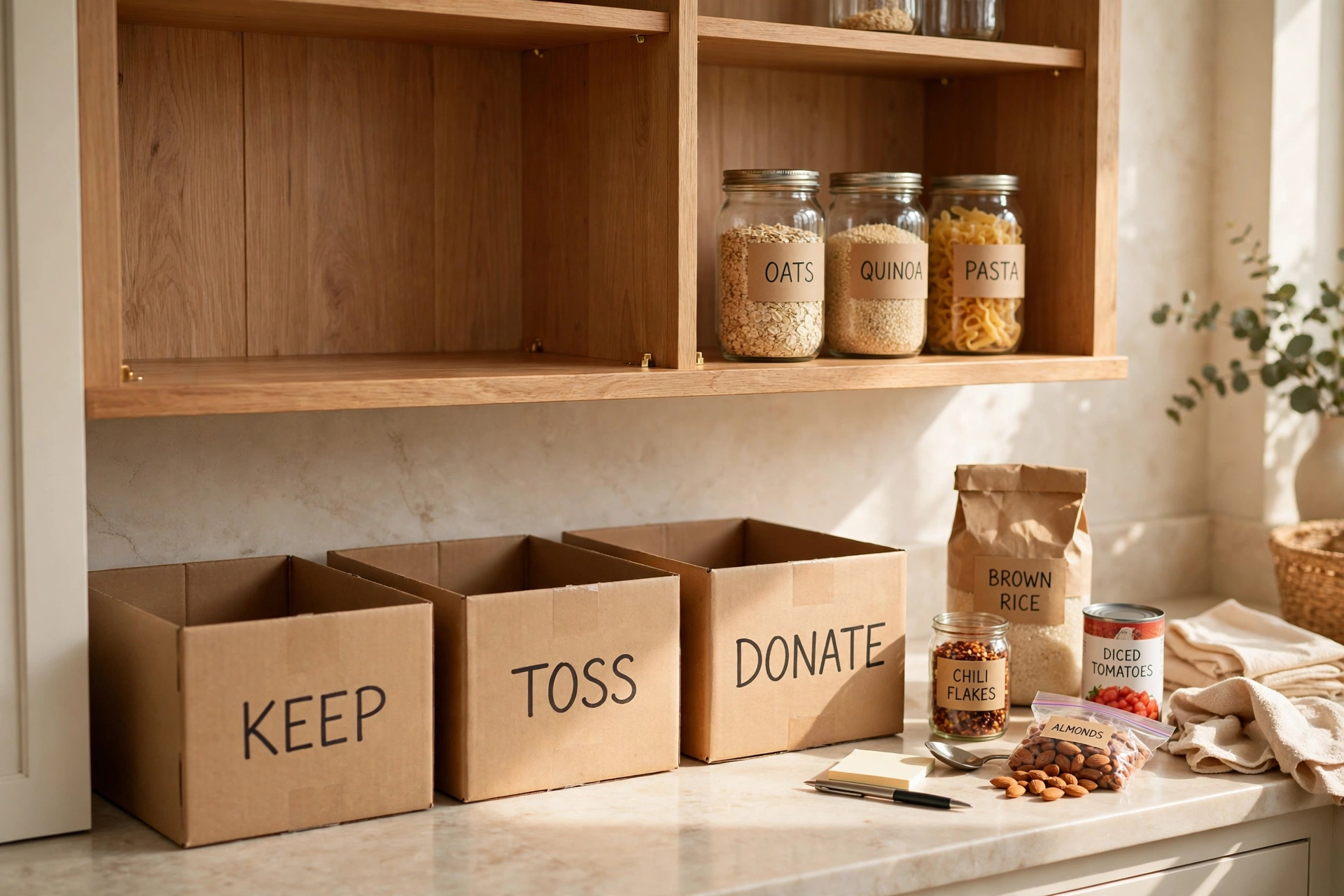 Tidy half-empty pantry shelf with keep, toss and donate boxes nearby