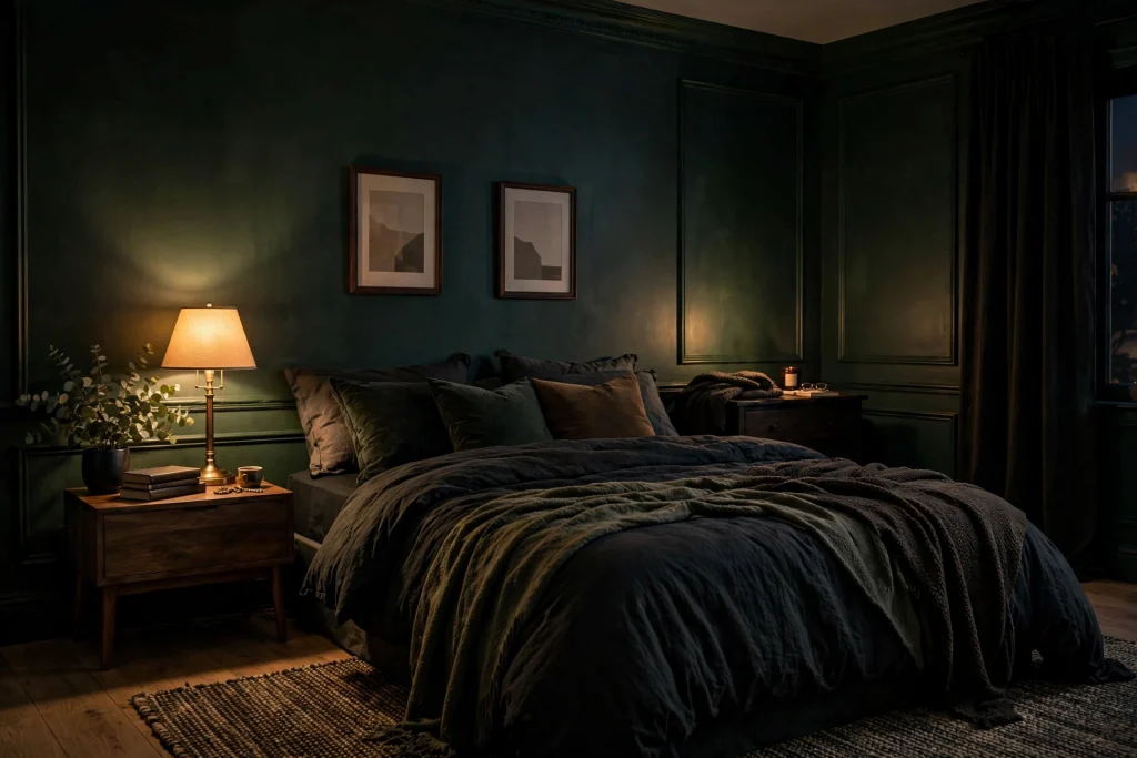 Moody bedroom with deep saturated painted walls