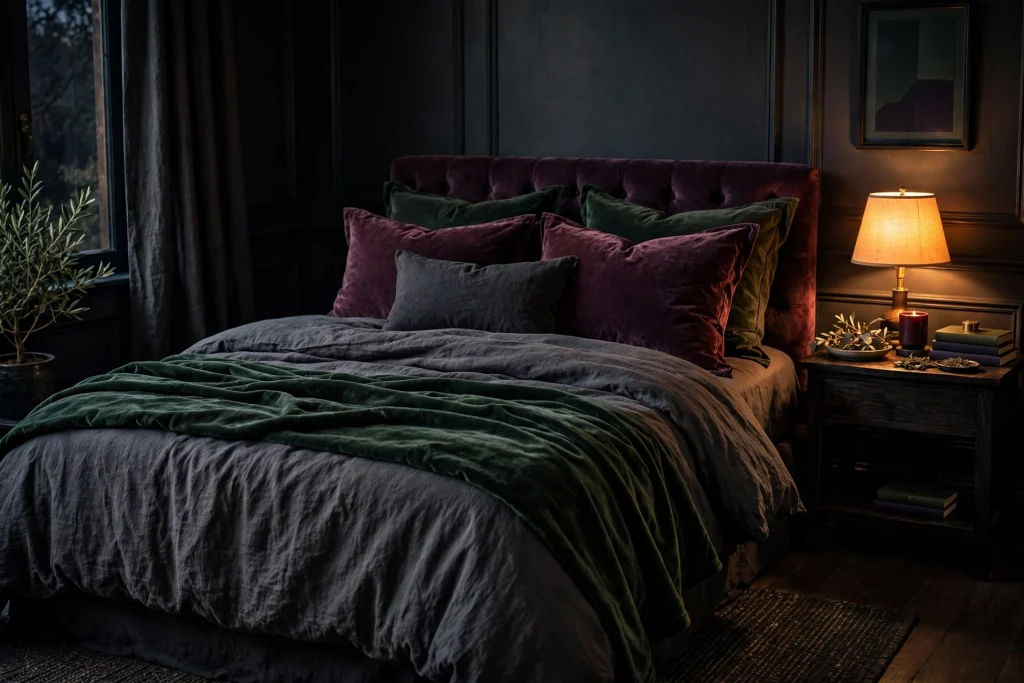 Moody bedroom with layered linen and velvet bedding