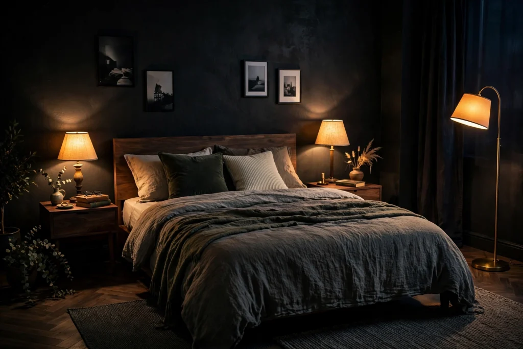 Moody bedroom lit by warm table and floor lamps